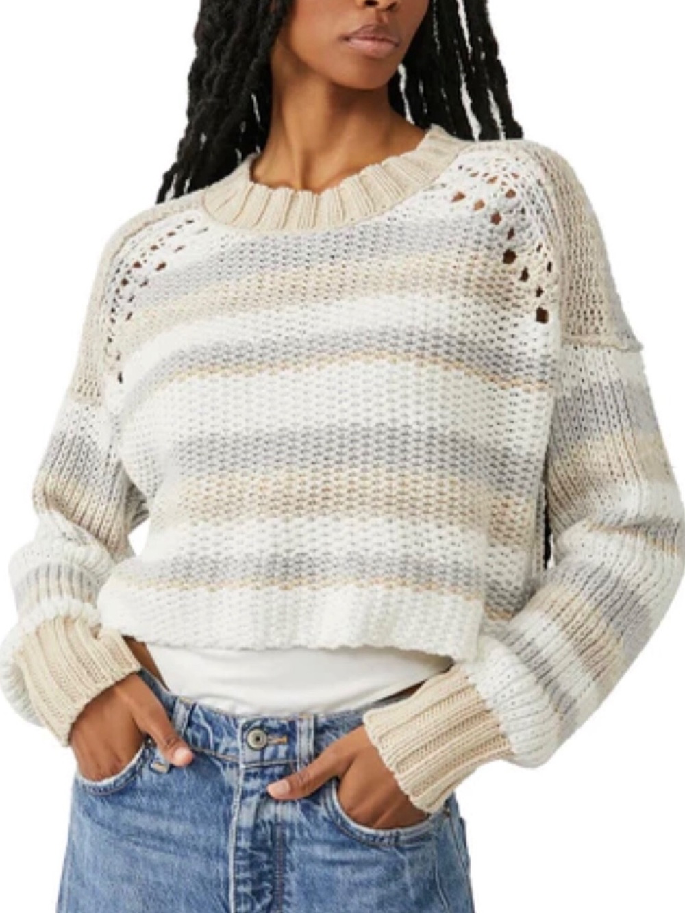 Free People Devon Stripe Crop Sweater beige, grey, cream